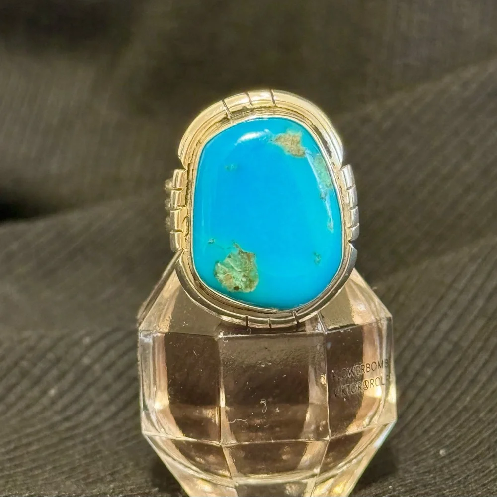 Turquoise Gemstone Natural Turquoise Stone 925 Sterling Silver Statement Ring - Picture 8 of 9